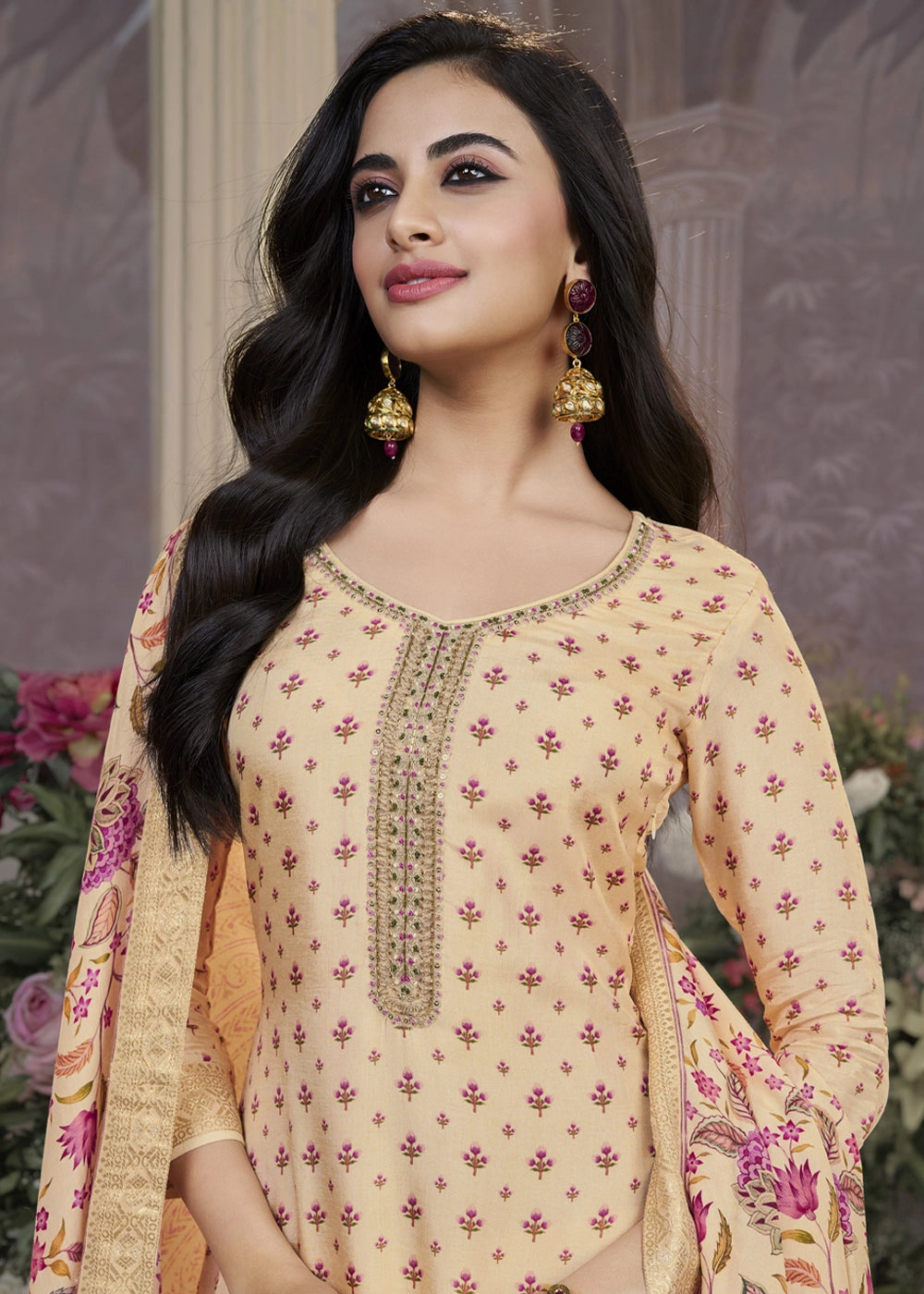 Beige Brown Silk Kurta Set with Digital Print and Elegant Embroidery