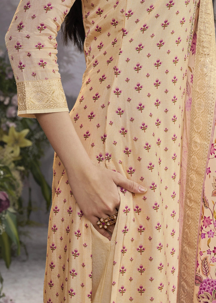 Beige Brown Silk Kurta Set with Digital Print and Elegant Embroidery