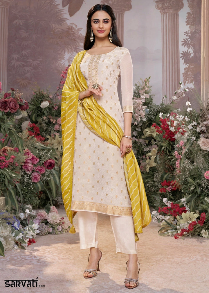 Cream White Tissue Silk Suit with Embossed Jacquard Pattern & Sequins Work