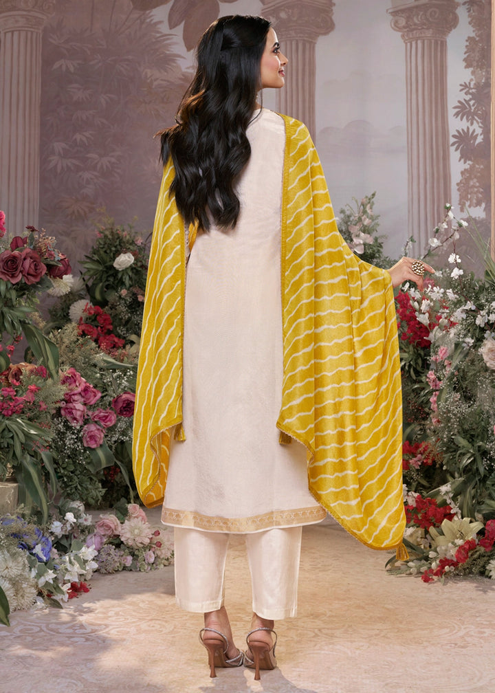 Cream White Tissue Silk Suit with Embossed Jacquard Pattern & Sequins Work