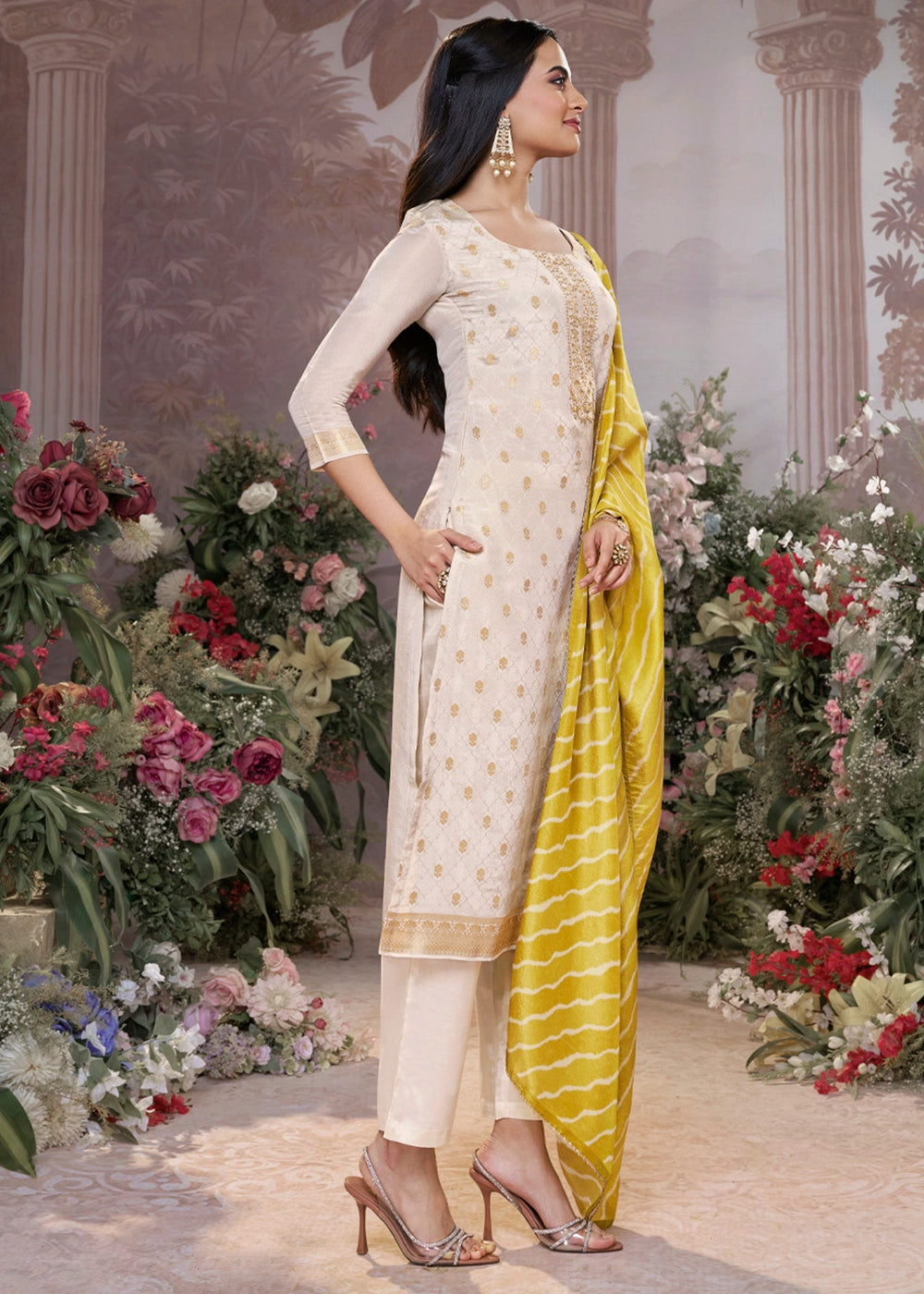Cream White Tissue Silk Suit with Embossed Jacquard Pattern & Sequins Work