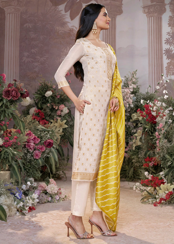 Cream White Tissue Silk Suit with Embossed Jacquard Pattern & Sequins Work