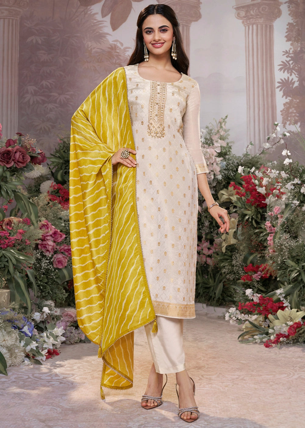 Cream White Tissue Silk Suit with Embossed Jacquard Pattern & Sequins Work