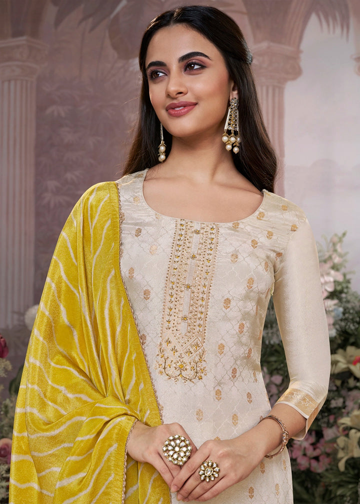 Cream White Tissue Silk Suit with Embossed Jacquard Pattern & Sequins Work