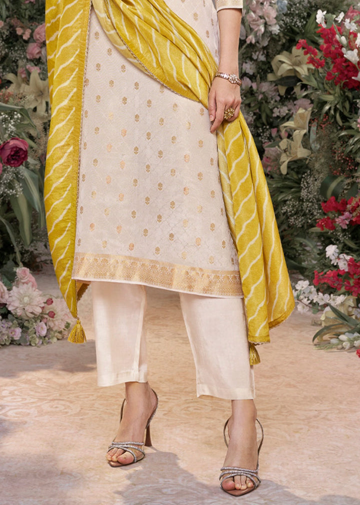 Cream White Tissue Silk Suit with Embossed Jacquard Pattern & Sequins Work