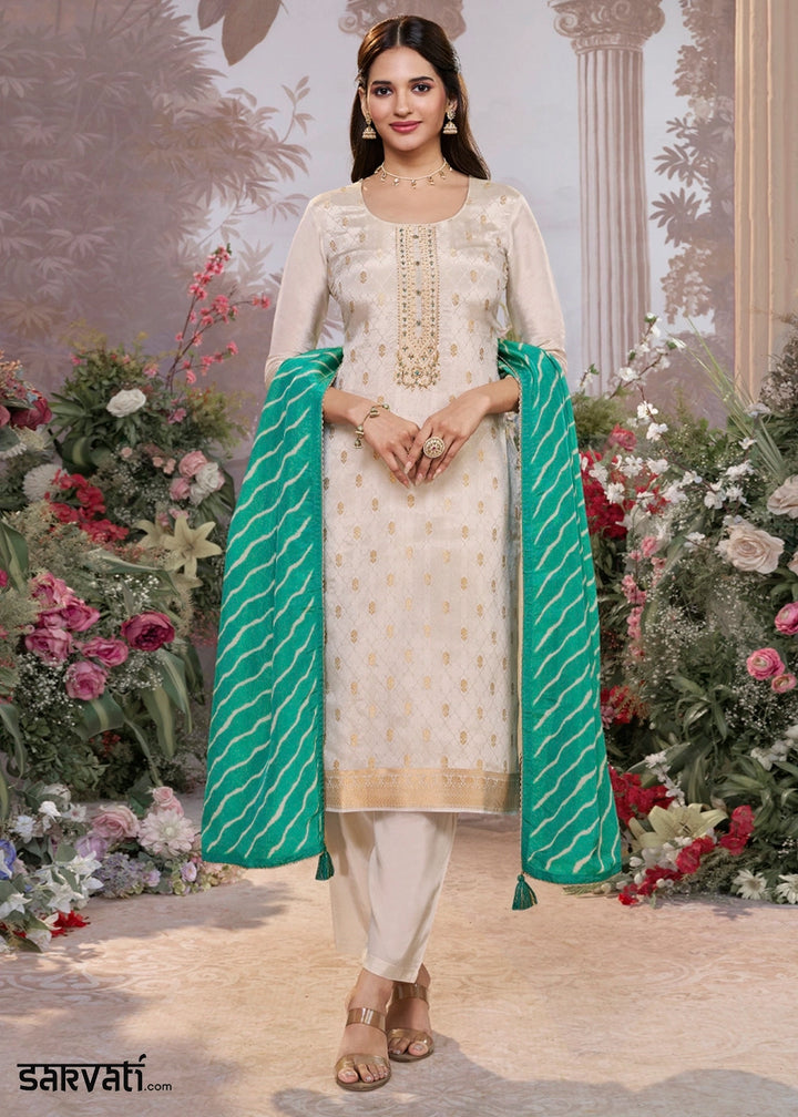 Parchment White Tissue Silk Suit with Embossed Jacquard Pattern & Sequins Work