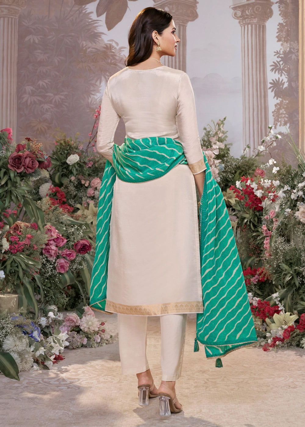 Parchment White Tissue Silk Suit with Embossed Jacquard Pattern & Sequins Work