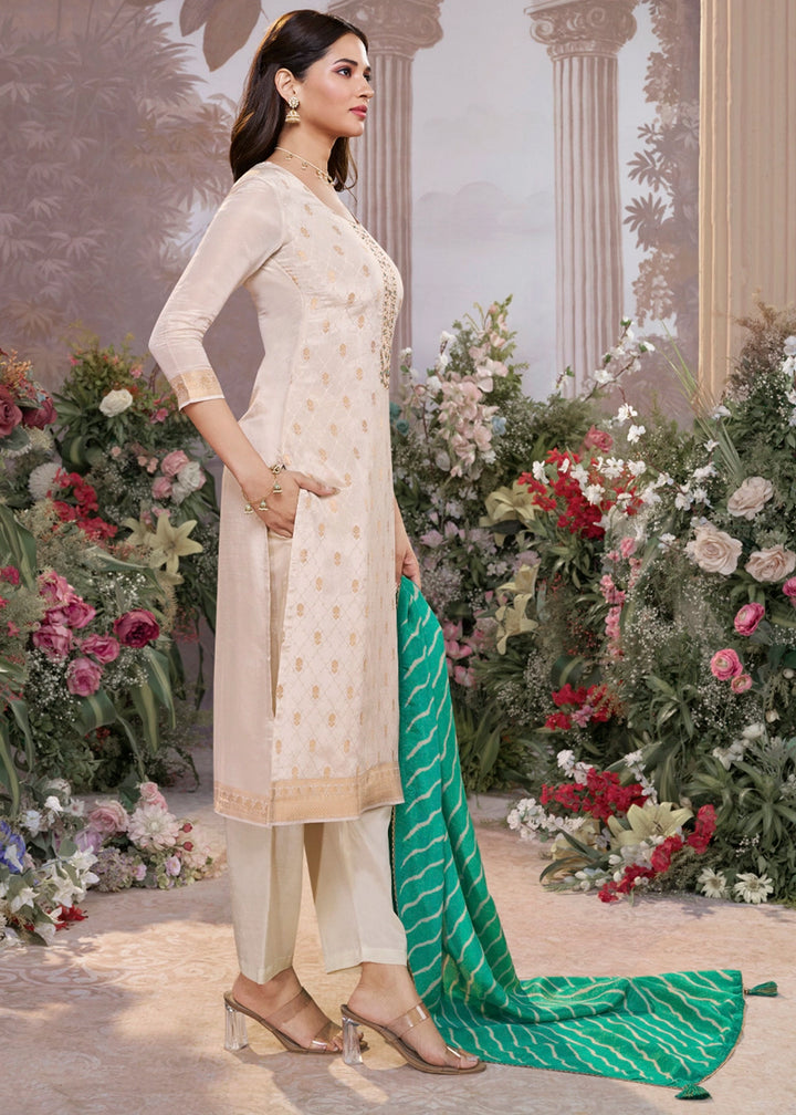 Parchment White Tissue Silk Suit with Embossed Jacquard Pattern & Sequins Work