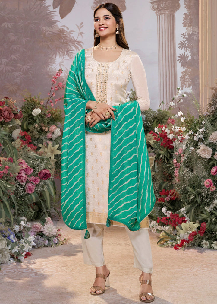Parchment White Tissue Silk Suit with Embossed Jacquard Pattern & Sequins Work