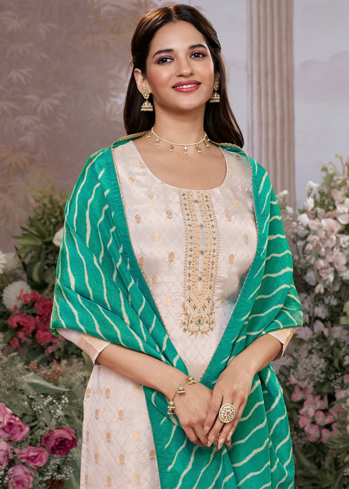 Parchment White Tissue Silk Suit with Embossed Jacquard Pattern & Sequins Work