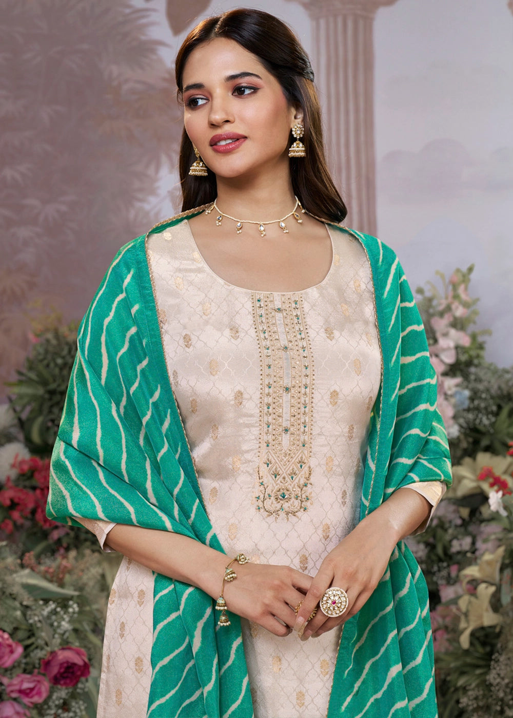Parchment White Tissue Silk Suit with Embossed Jacquard Pattern & Sequins Work