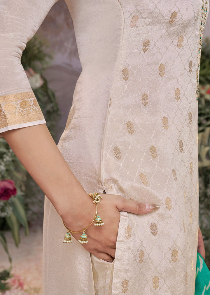 Parchment White Tissue Silk Suit with Embossed Jacquard Pattern & Sequins Work
