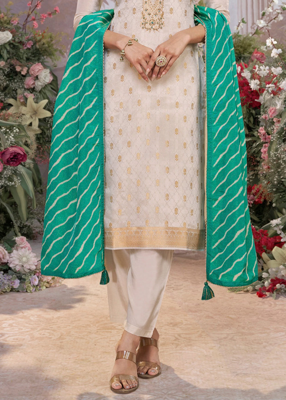 Parchment White Tissue Silk Suit with Embossed Jacquard Pattern & Sequins Work