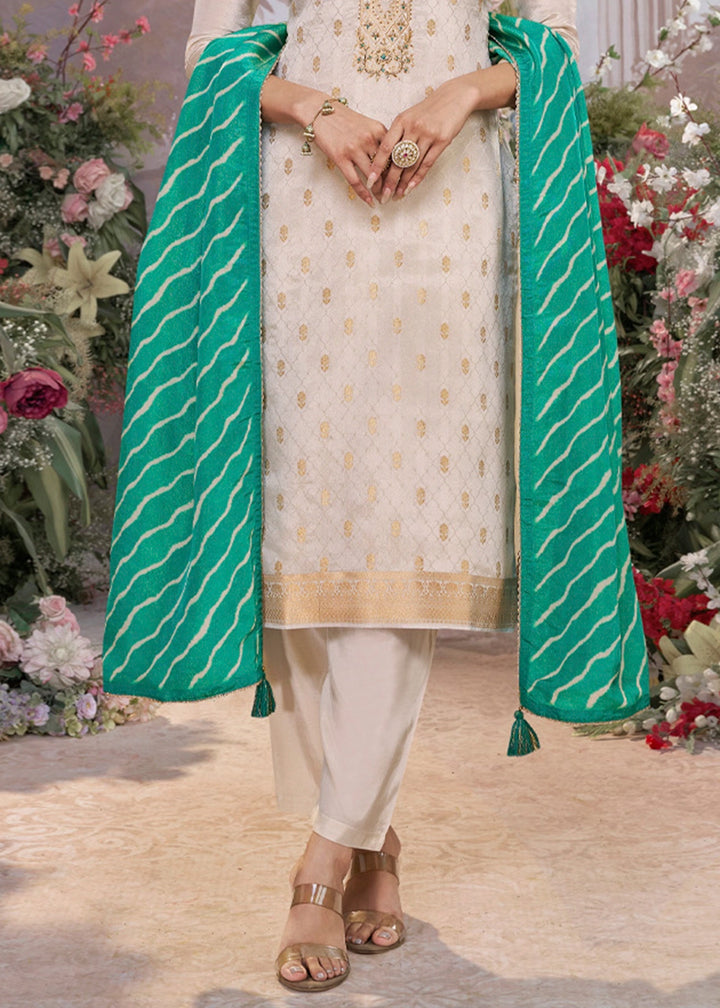 Parchment White Tissue Silk Suit with Embossed Jacquard Pattern & Sequins Work