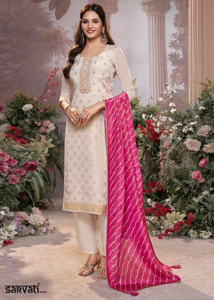 Linen White Tissue Silk Suit with Embossed Jacquard Pattern & Sequins Work