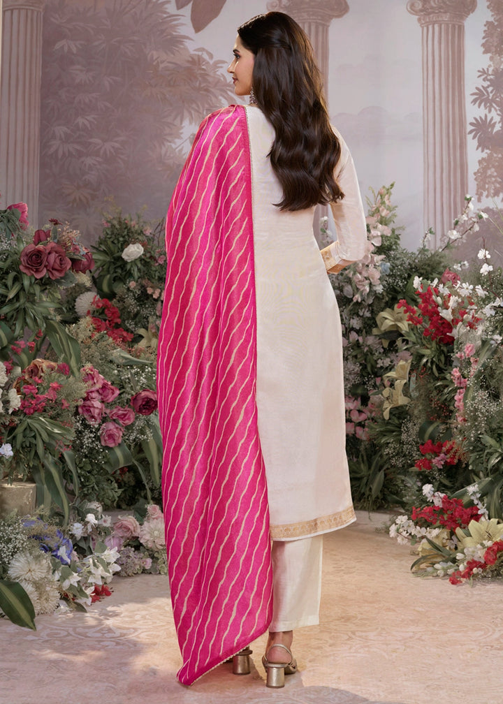 Linen White Tissue Silk Suit with Embossed Jacquard Pattern & Sequins Work