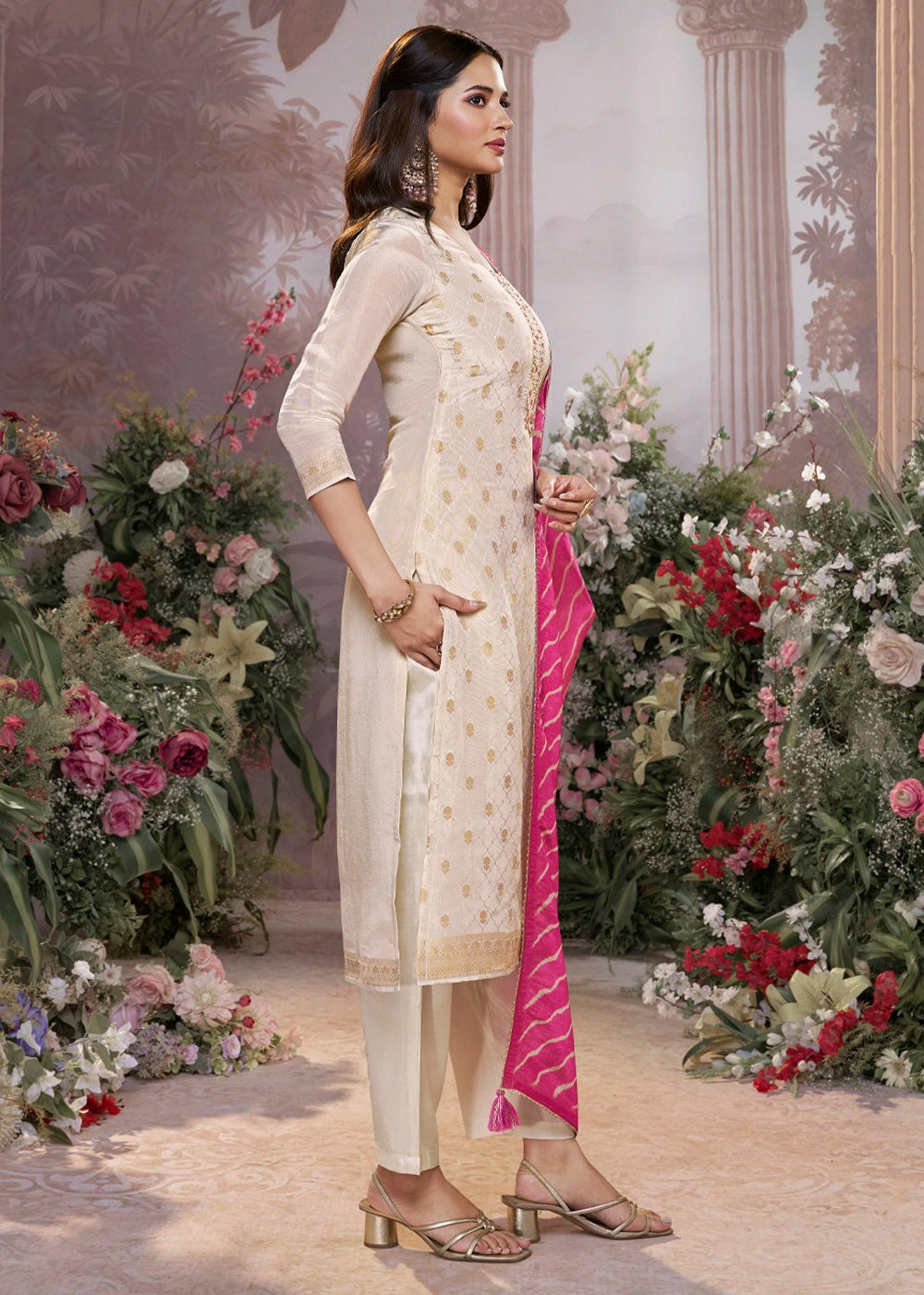 Linen White Tissue Silk Suit with Embossed Jacquard Pattern & Sequins Work