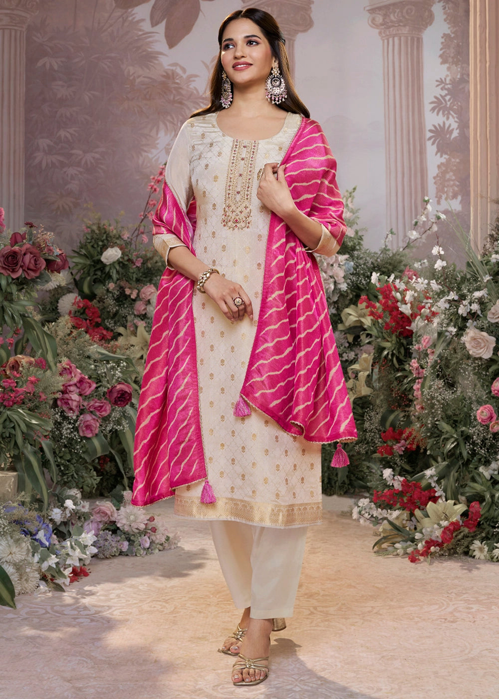 Linen White Tissue Silk Suit with Embossed Jacquard Pattern & Sequins Work