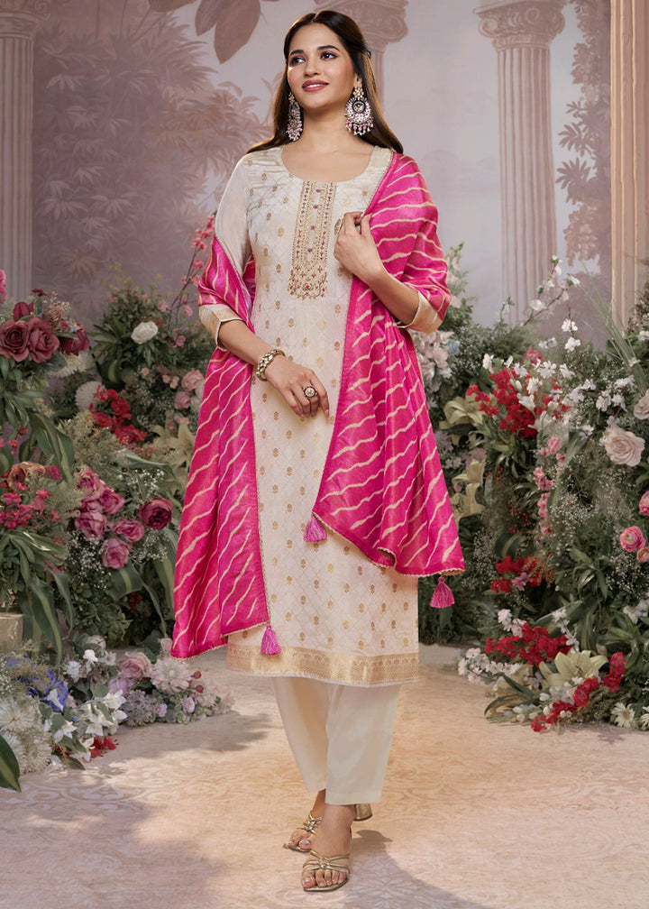 Linen White Tissue Silk Suit with Embossed Jacquard Pattern & Sequins Work