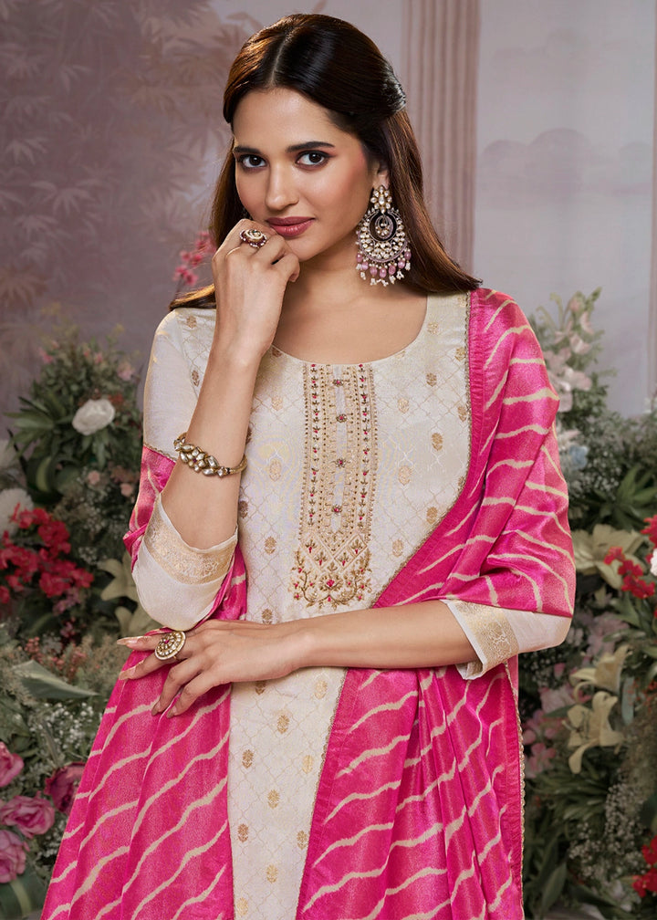 Linen White Tissue Silk Suit with Embossed Jacquard Pattern & Sequins Work