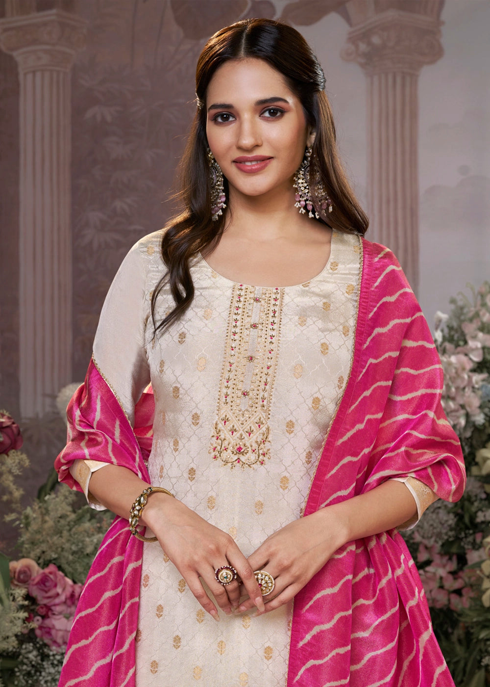 Linen White Tissue Silk Suit with Embossed Jacquard Pattern & Sequins Work