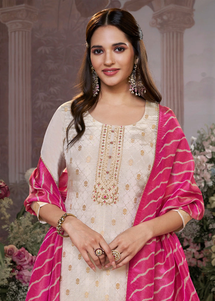 Linen White Tissue Silk Suit with Embossed Jacquard Pattern & Sequins Work