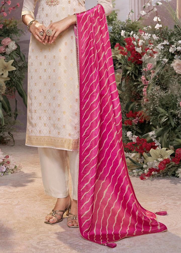 Linen White Tissue Silk Suit with Embossed Jacquard Pattern & Sequins Work