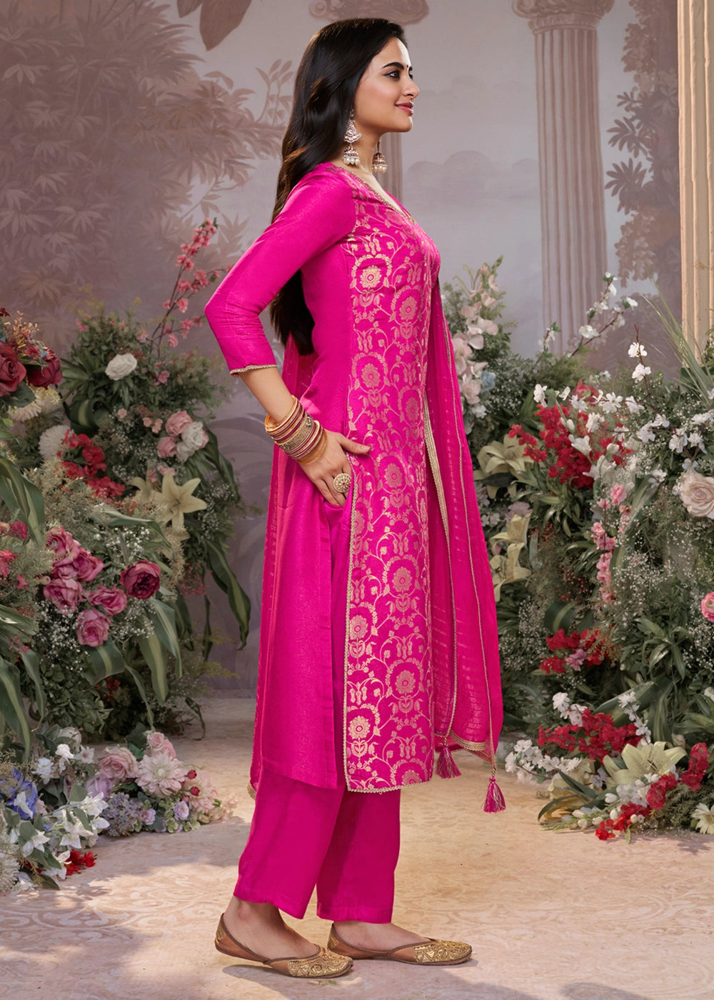 Hot Pink Chinon Silk Straight Kurta Set with Jacquard and Zari Detailing
