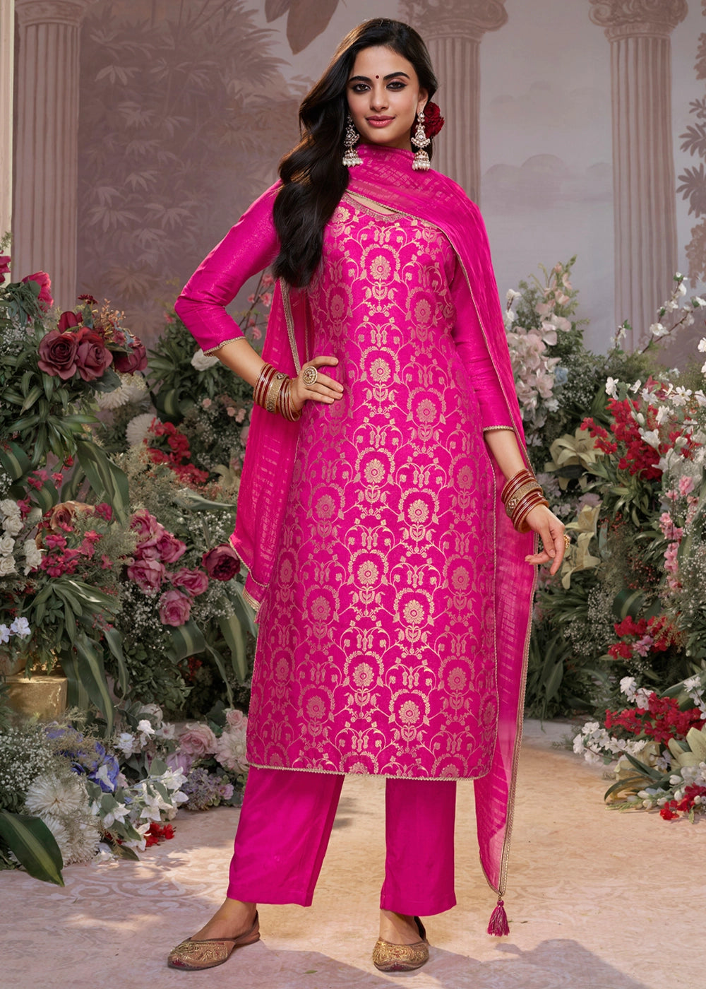 Hot Pink Chinon Silk Straight Kurta Set with Jacquard and Zari Detailing