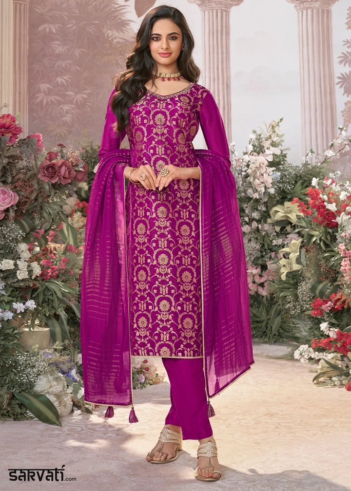 Lollipop Purple Chinon Silk Straight Kurta Set with Jacquard and Zari Detailing