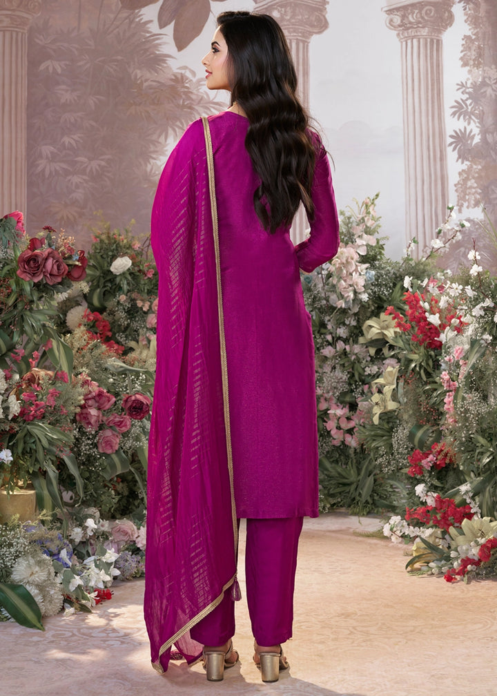 Lollipop Purple Chinon Silk Straight Kurta Set with Jacquard and Zari Detailing