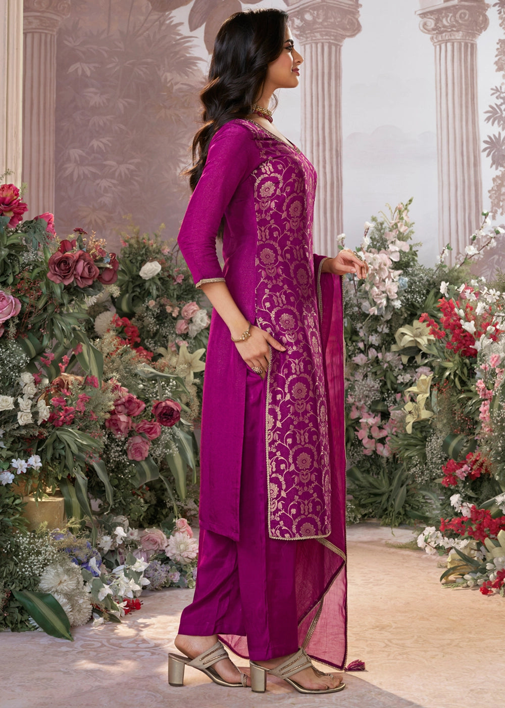 Lollipop Purple Chinon Silk Straight Kurta Set with Jacquard and Zari Detailing