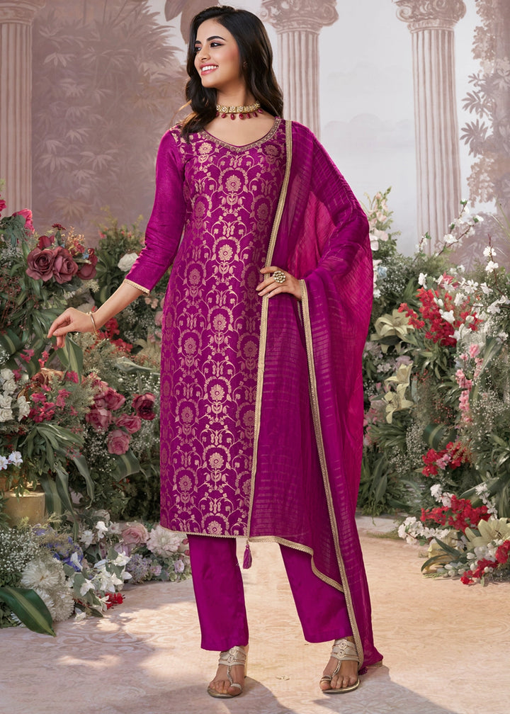 Lollipop Purple Chinon Silk Straight Kurta Set with Jacquard and Zari Detailing