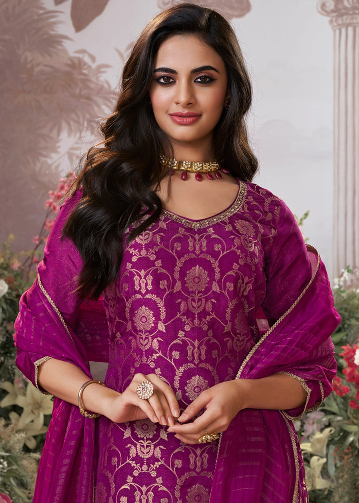 Lollipop Purple Chinon Silk Straight Kurta Set with Jacquard and Zari Detailing