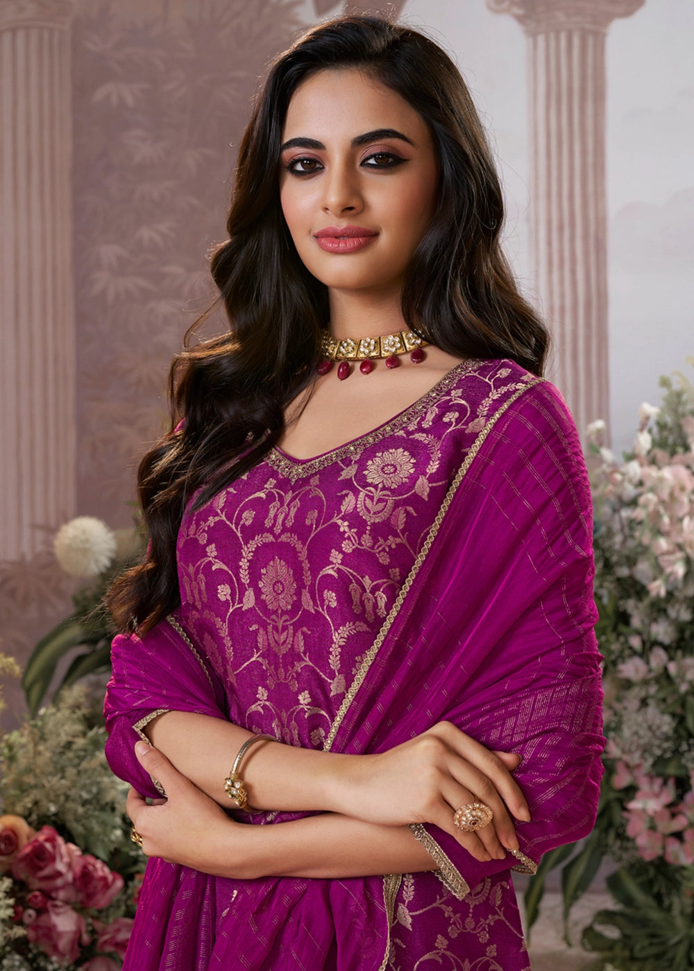 Lollipop Purple Chinon Silk Straight Kurta Set with Jacquard and Zari Detailing