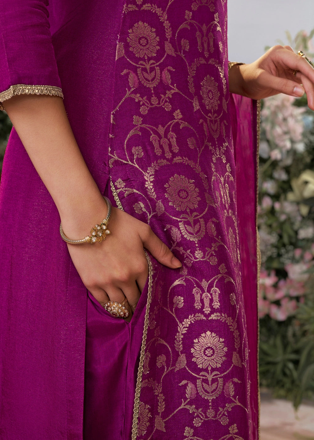 Lollipop Purple Chinon Silk Straight Kurta Set with Jacquard and Zari Detailing