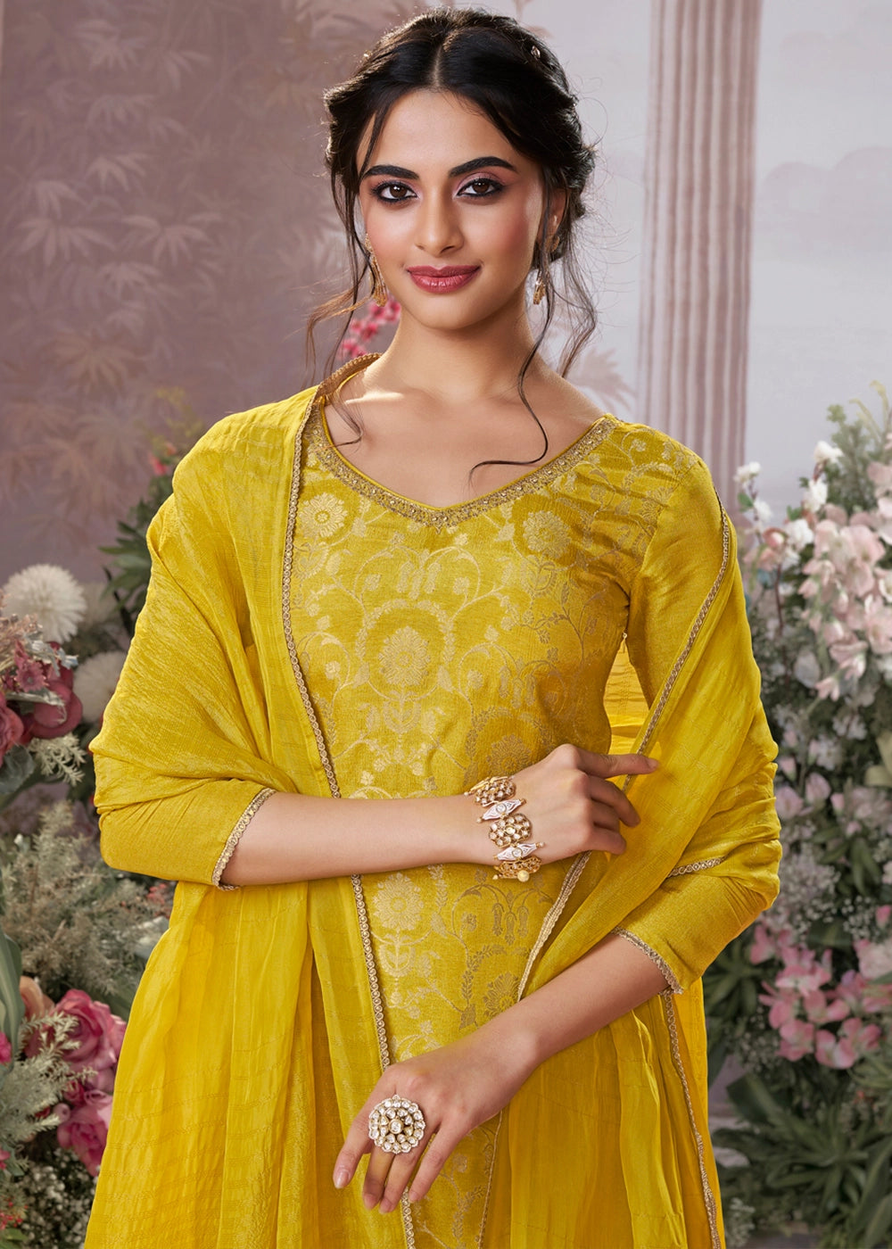 Iris Yellow Chinon Silk Straight Kurta Set with Jacquard and Zari Detailing