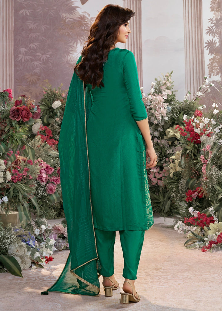 Persian Green Chinon Silk Straight Kurta Set with Jacquard and Zari Detailing