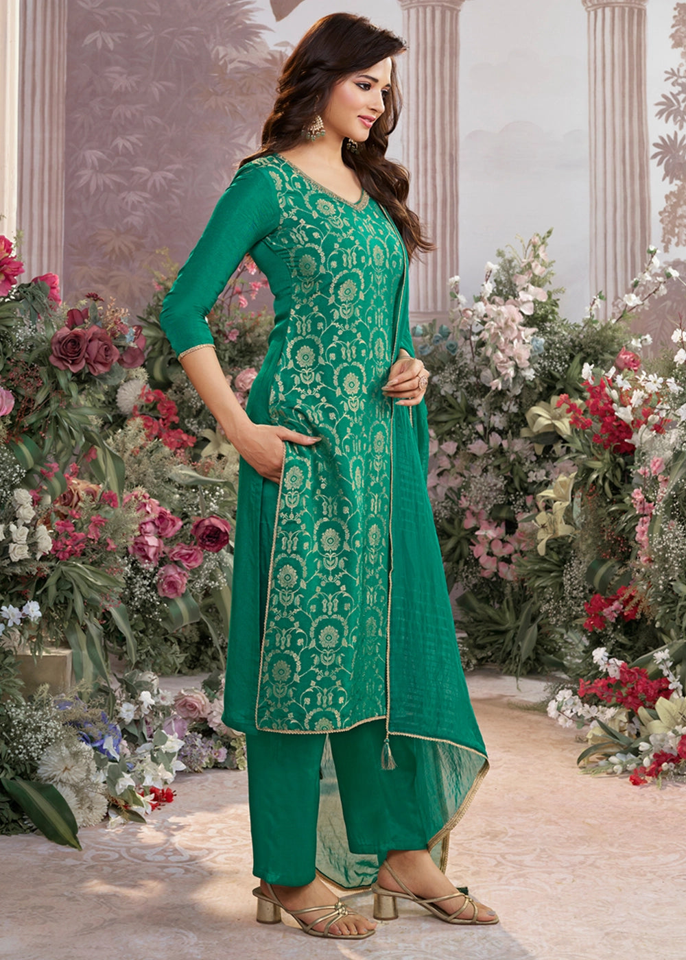 Persian Green Chinon Silk Straight Kurta Set with Jacquard and Zari Detailing