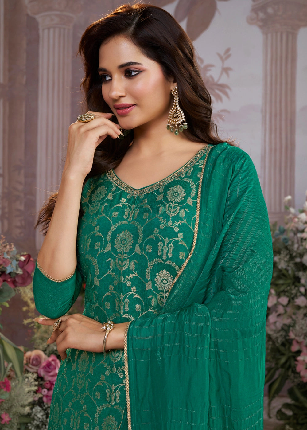 Persian Green Chinon Silk Straight Kurta Set with Jacquard and Zari Detailing