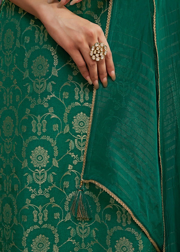 Persian Green Chinon Silk Straight Kurta Set with Jacquard and Zari Detailing