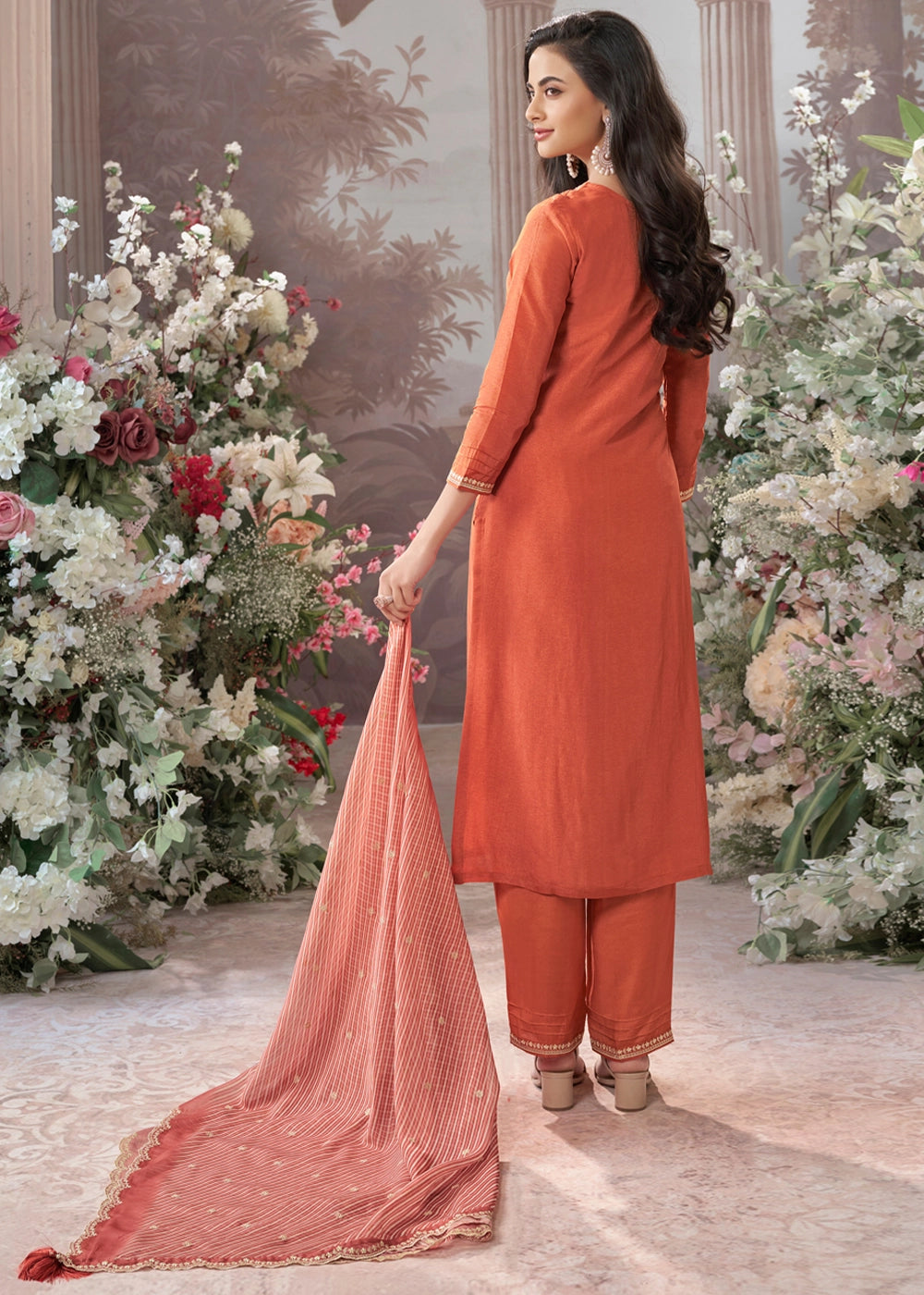 Coral Orange Dola Silk Kurta Set with Embroidered Work