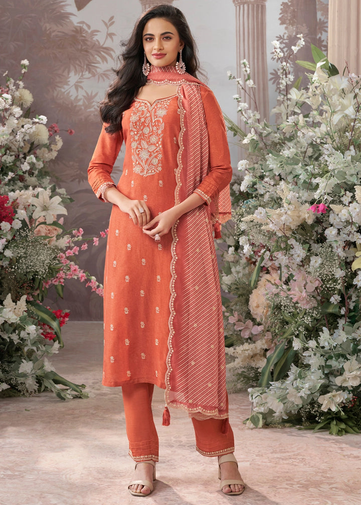 Coral Orange Dola Silk Kurta Set with Embroidered Work