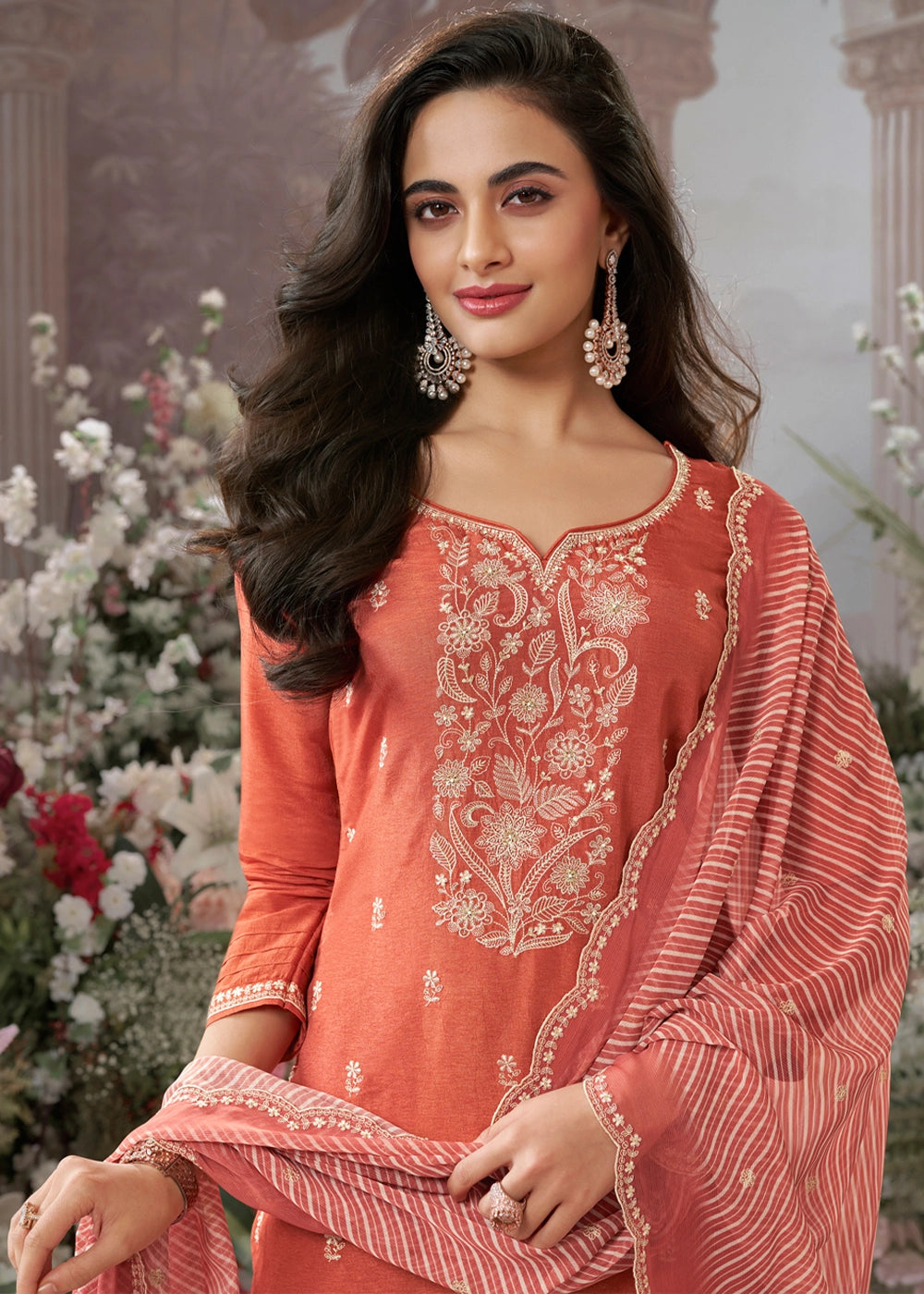 Coral Orange Dola Silk Kurta Set with Embroidered Work