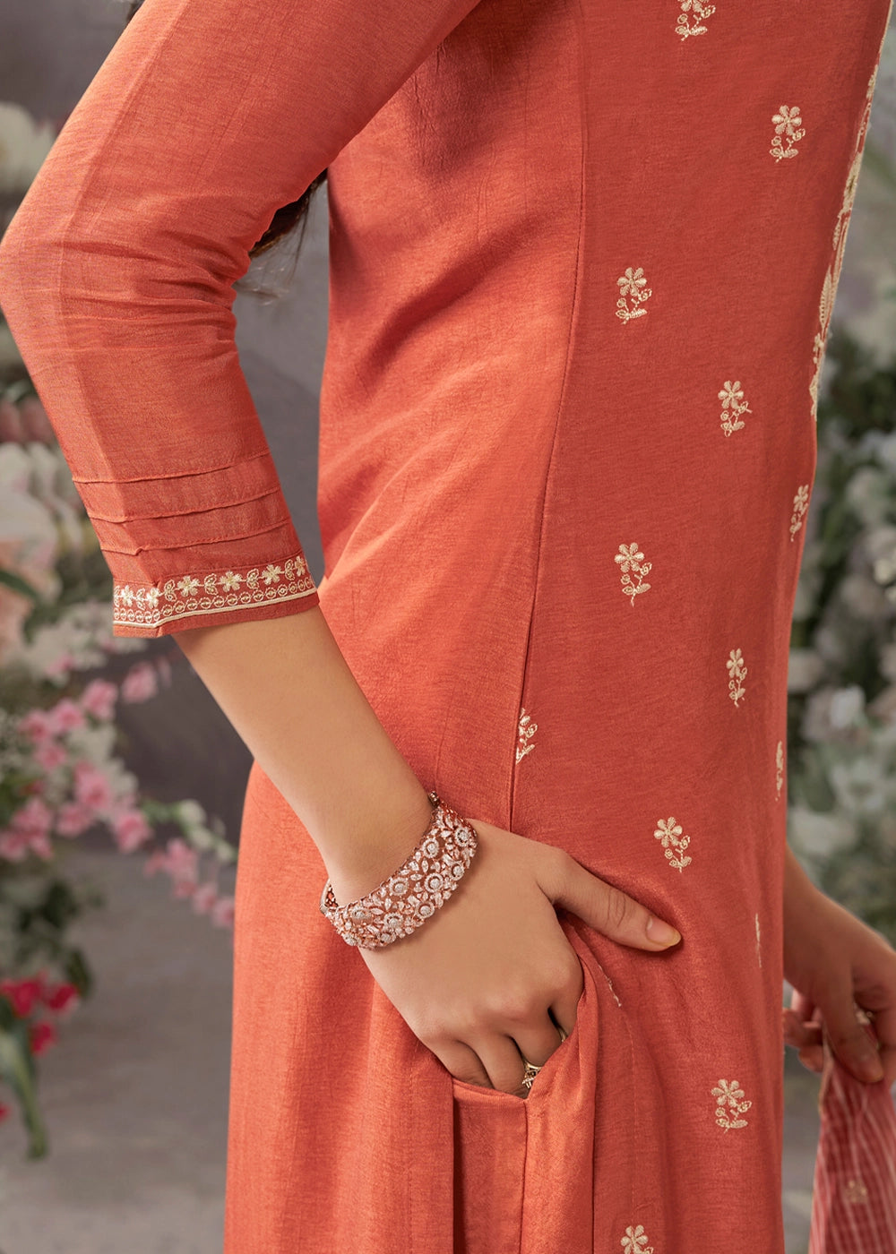 Coral Orange Dola Silk Kurta Set with Embroidered Work