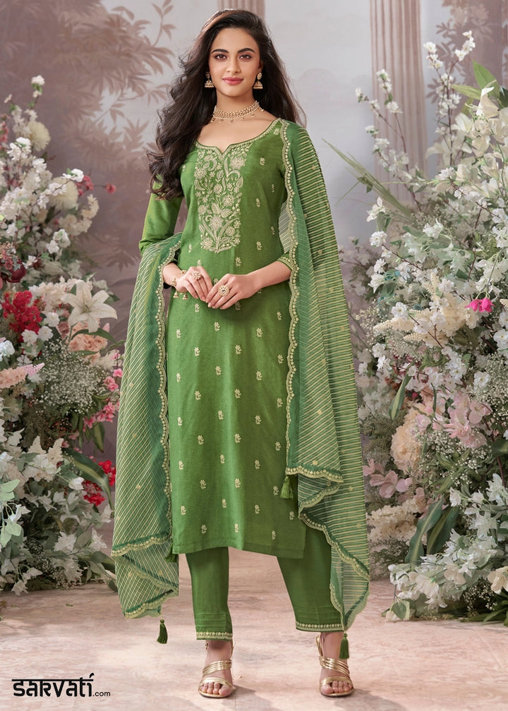 Middle Green Dola Silk Kurta Set with Embroidered Work