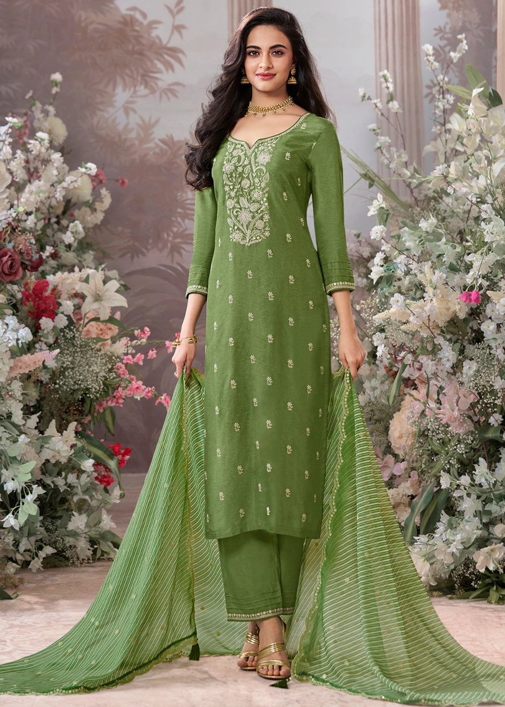 Middle Green Dola Silk Kurta Set with Embroidered Work