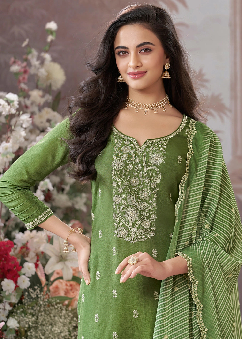 Middle Green Dola Silk Kurta Set with Embroidered Work