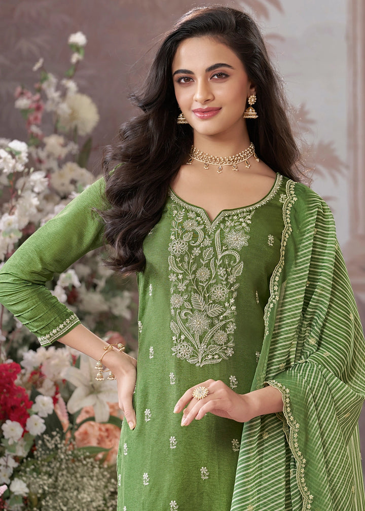 Middle Green Dola Silk Kurta Set with Embroidered Work