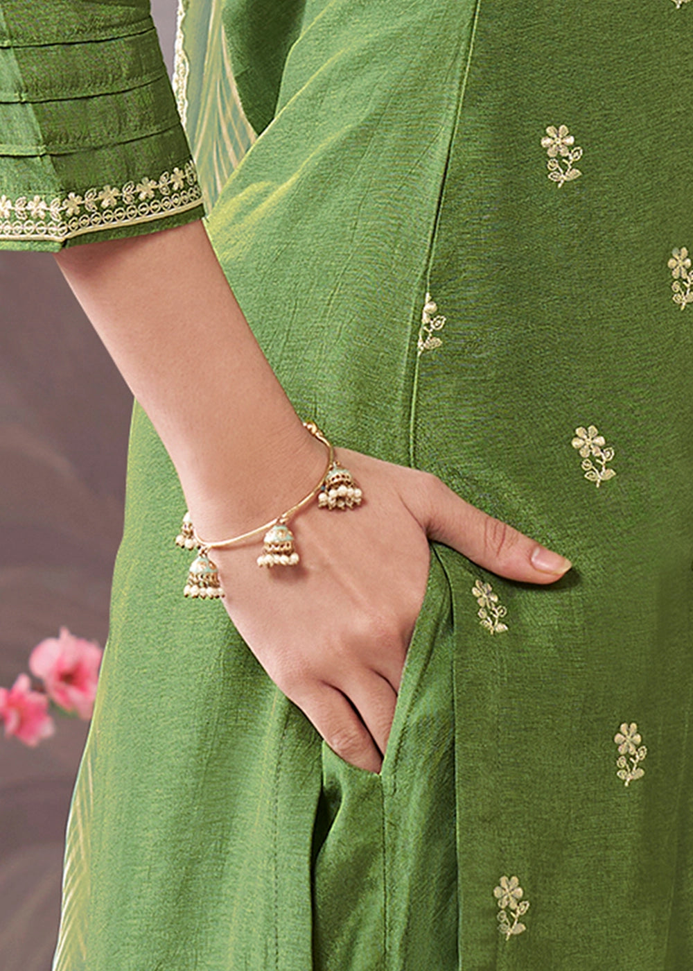 Middle Green Dola Silk Kurta Set with Embroidered Work